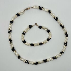 Faux Pearl and Black/Gold Bead Twisted Necklace and Bracelet Set